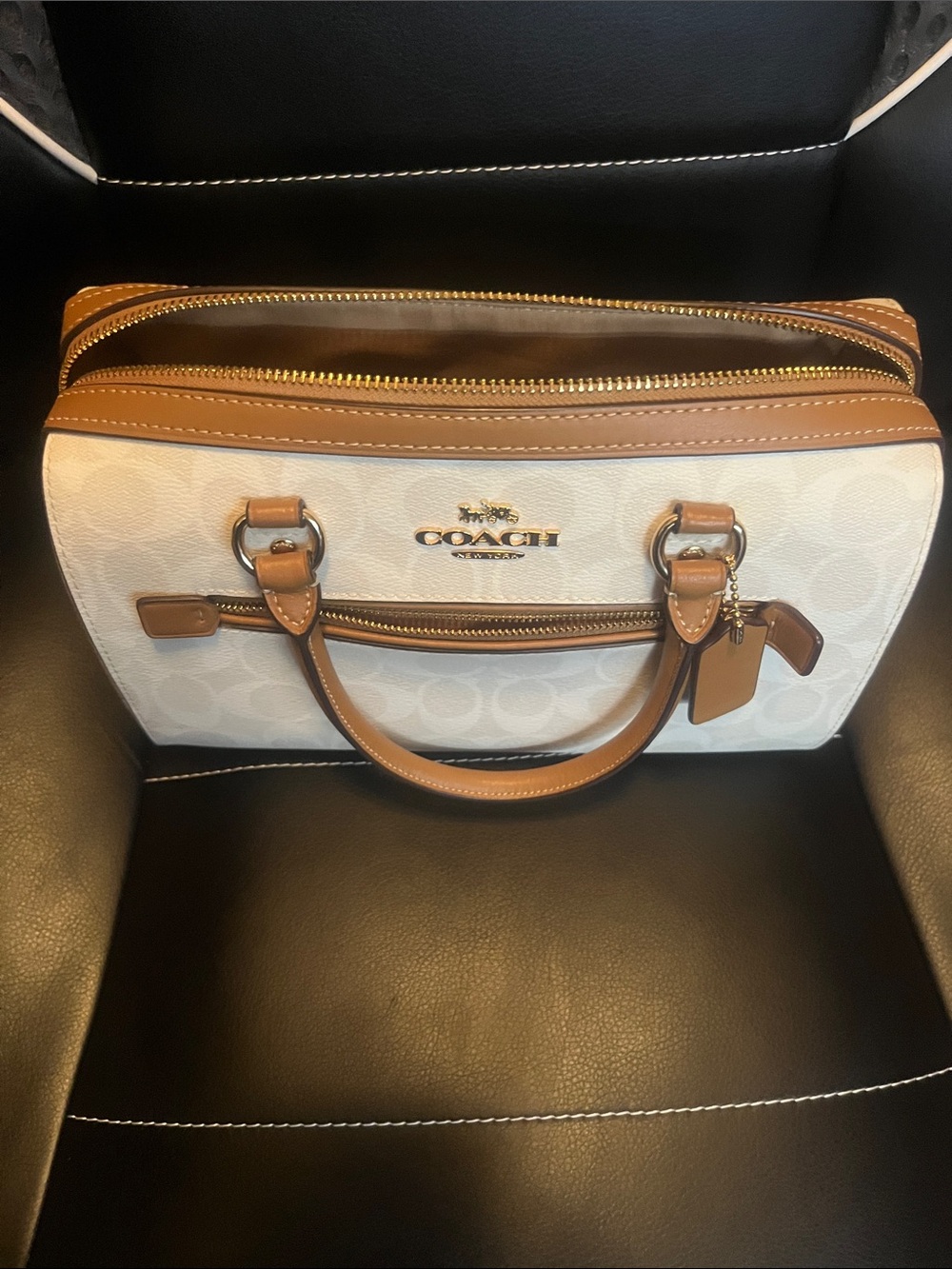 Coach Rowan Cream Signature Satchel with Brown Trim
